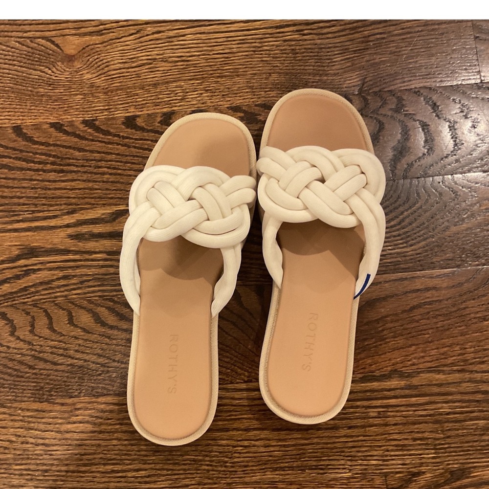 Rothys The Knot Slide Sandal Bright White Sand Knotted Knit Women 10